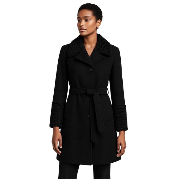 Pelle Studio Wool Blend Belted Coat Black Faux Fur Trim Sz M - Picture 1 of 7